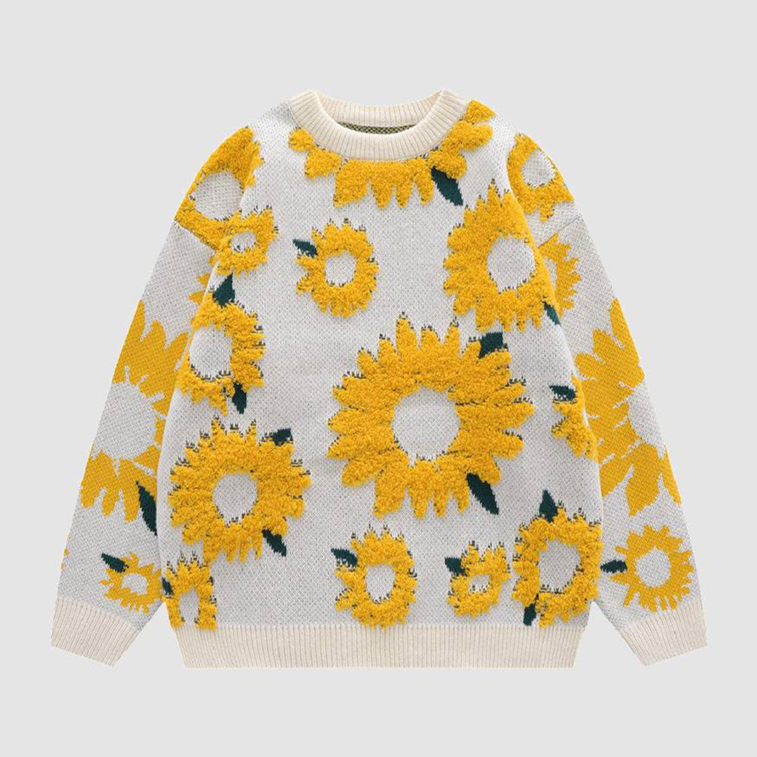 ILARIA - Pull tricoté chic avec motif de tournesol radieux