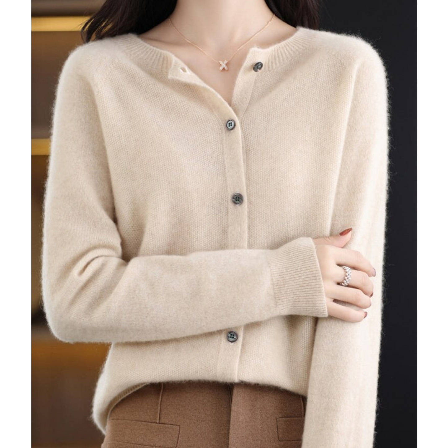 Luxury Merino Wool Ladies O-neck Cardigan - Pull doux en mélange de cachemire