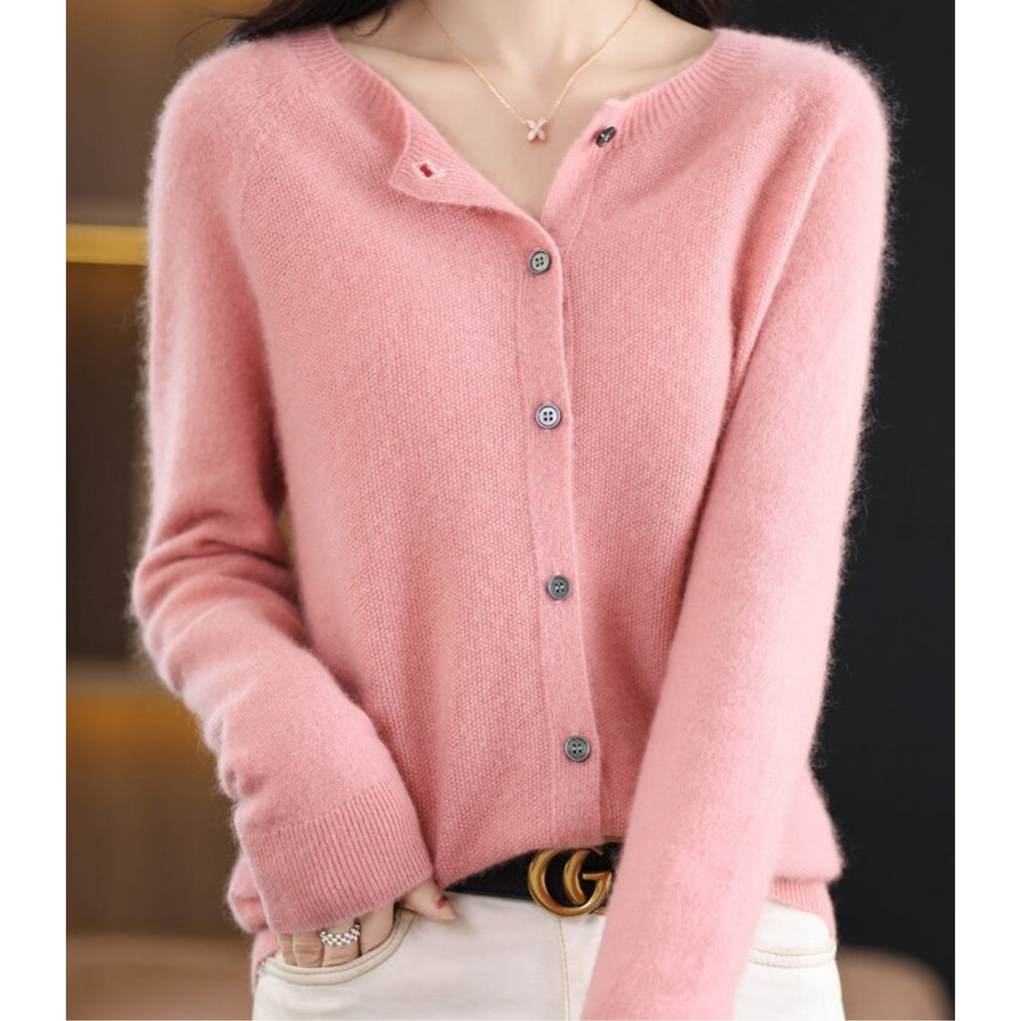 Luxury Merino Wool Ladies O-neck Cardigan - Pull doux en mélange de cachemire
