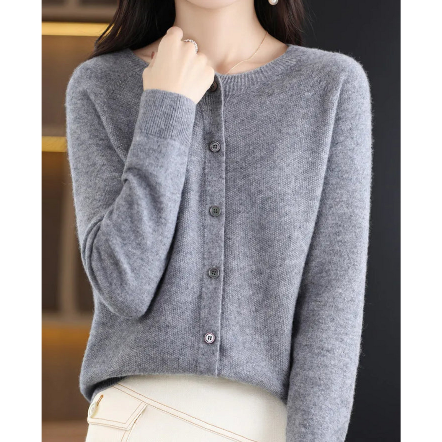 Luxury Merino Wool Ladies O-neck Cardigan - Pull doux en mélange de cachemire