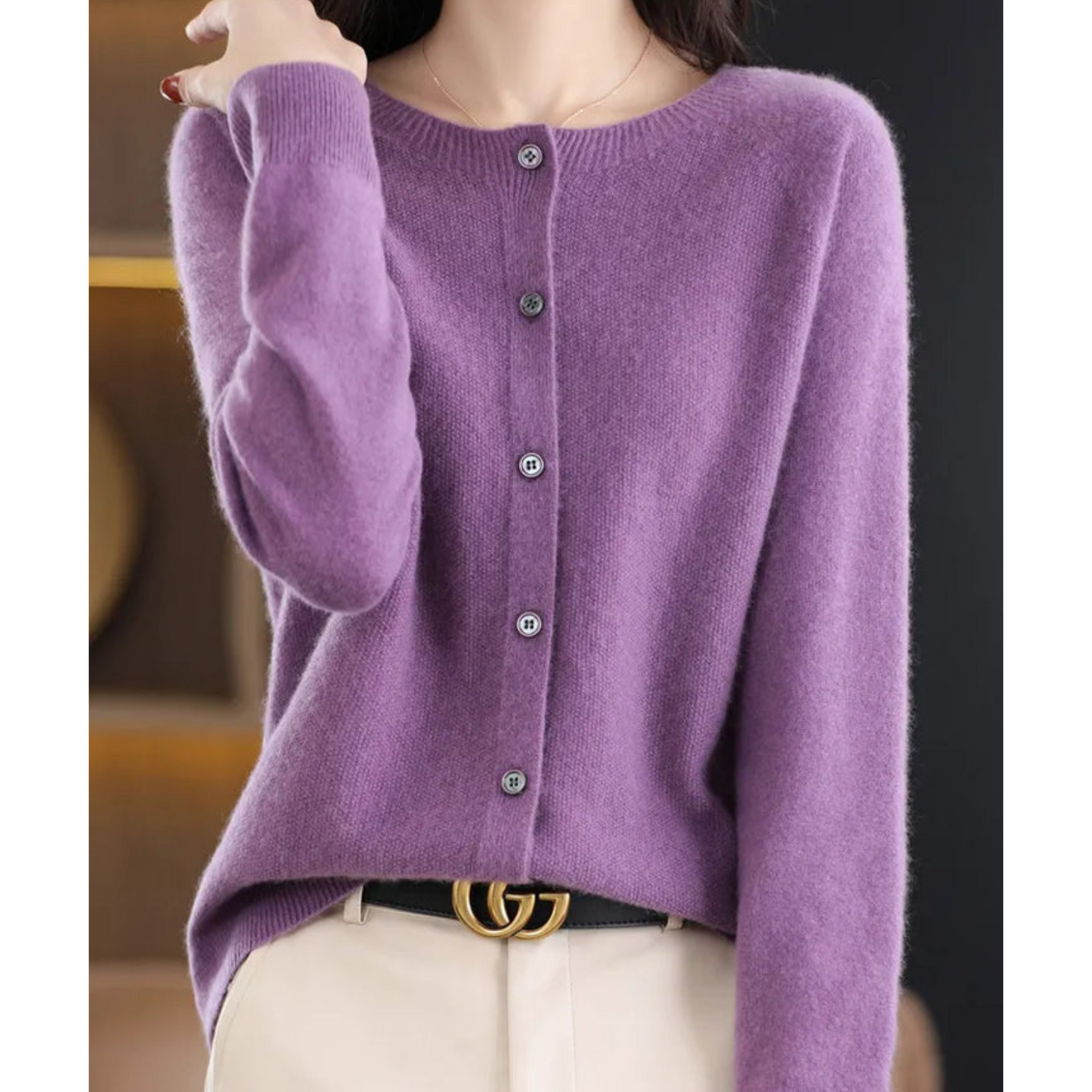 Luxury Merino Wool Ladies O-neck Cardigan - Pull doux en mélange de cachemire