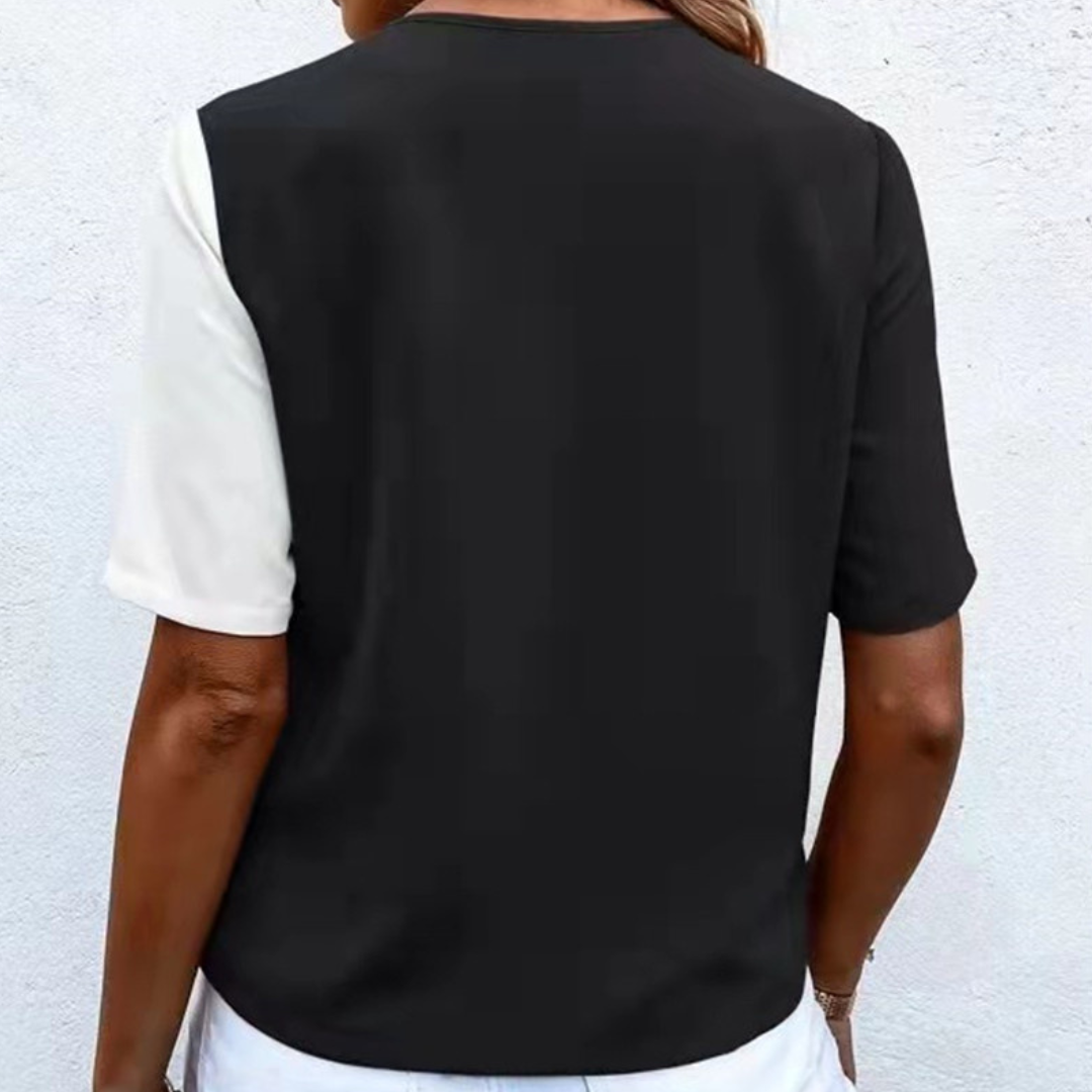 Lara - Élégant chemisier pour femmes avec encolure en V sophistiquée, détails de boutons à la mode et style bicolore