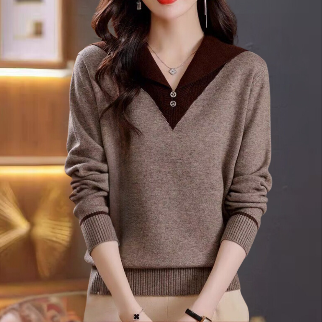 Ciri - Pull élégant à col en V pour femmes avec des accents uniques de patchwork