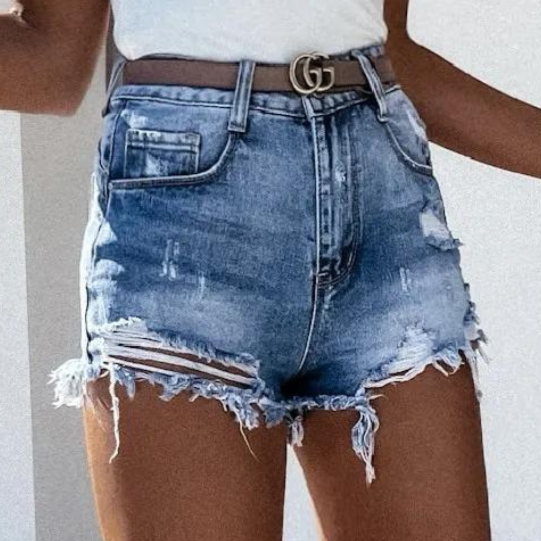 Denis - Short en jean usé tendance à taille haute avec franges élégantes