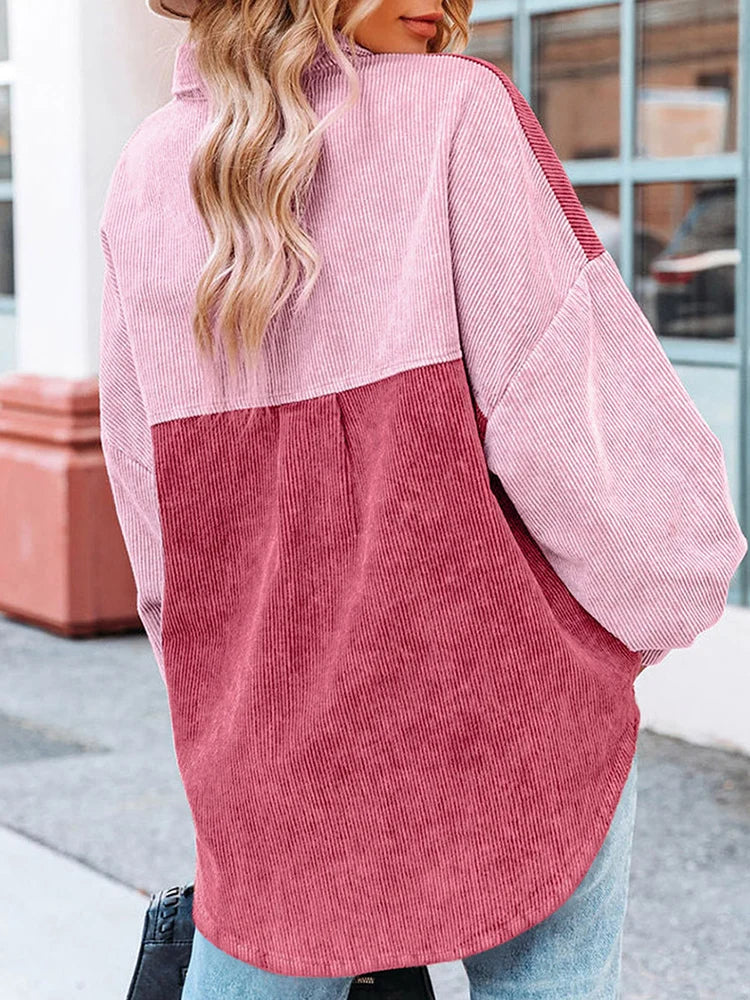 Edna - Chemisier élégant en velours côtelé pour l'automne avec de belles couleurs contrastées pour femmes