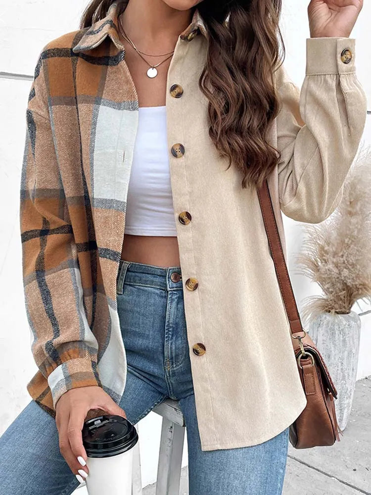 Marlene - Chemisier beige élégant et confortable avec imprimé à carreaux tendance pour femmes